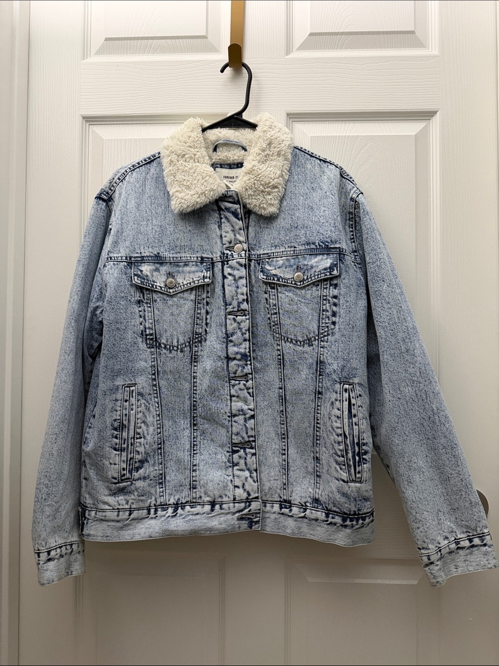 Forever 21 Light Blue Denim Jacket with Cream Sherpa Collar
